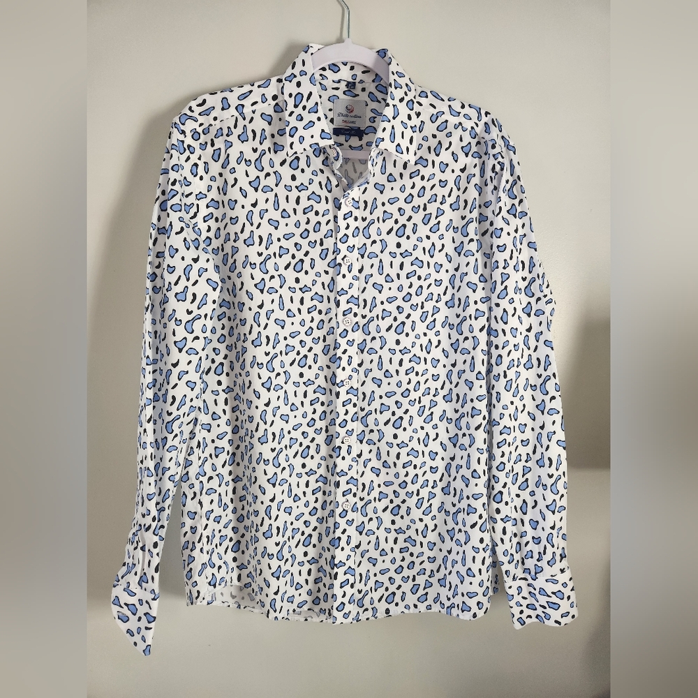 Philli Collins XL Blue Leopard Shirt Elegant Collection Casual Fit NWOT  (E24)